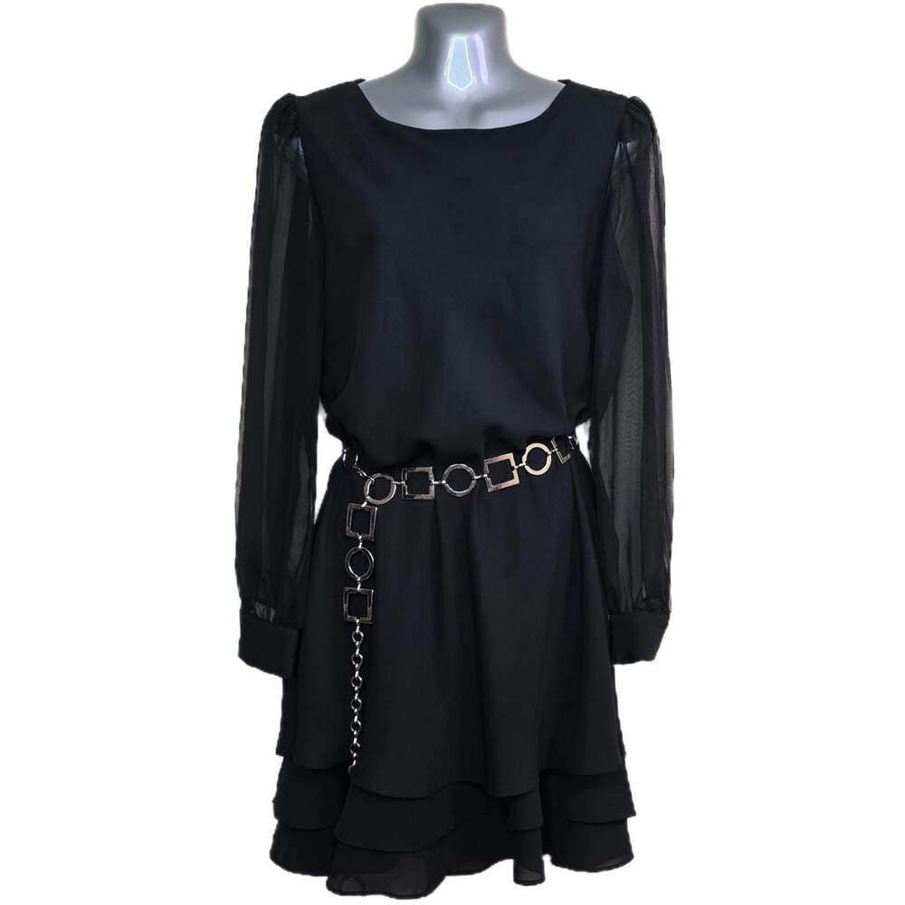 Vintage 90s Hampton Nites Black Dress with Sheer Sleeves and Metal Belt Size 6